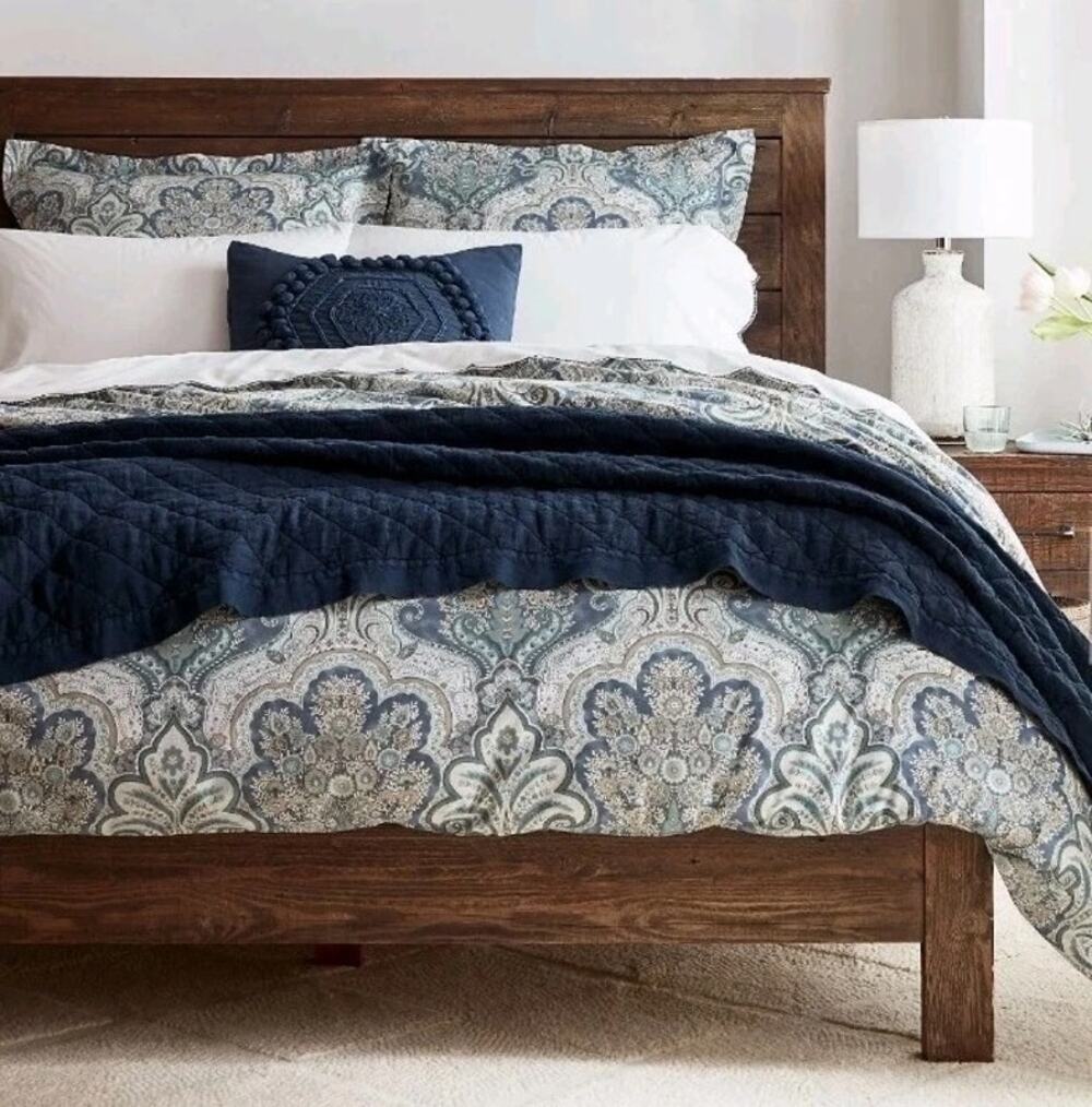 Pottery Barn Jordana Paisley 100% Cotton Percale Duvet Cover King Boho Blue
